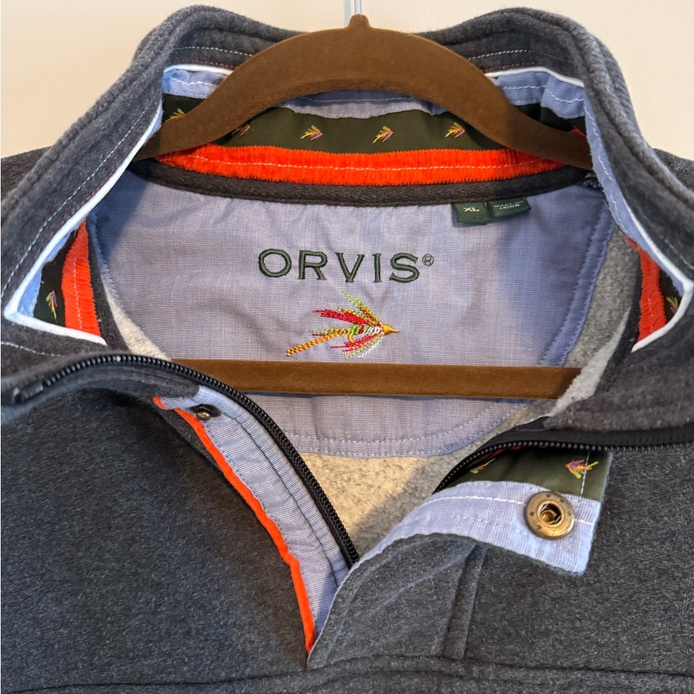 Orvis Charcoal Pullover with Orange and Light Blue Accents